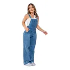 jardineira jeans slim com elastano cintura alta na promoção