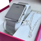 kit relógio champion feminino led corrente brinco prata 925