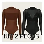 kit2 body feminino manga longa gola alta em tuletransparente